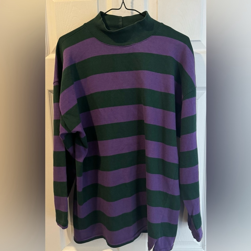 Vintage Vuarnet Long Sleeve stripe rugby shirt high mock purple green cotton L
